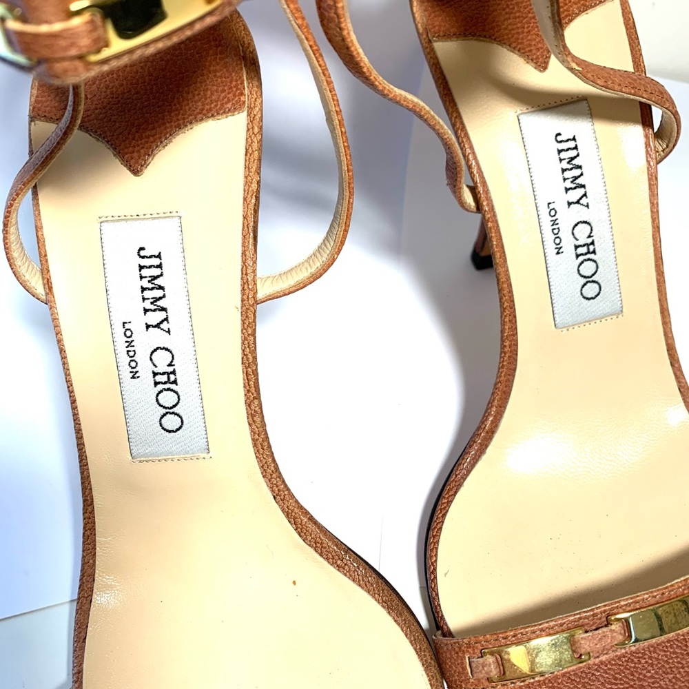 Jimmy Choo Brown Leather Gold Strappy Ankle Tie Sandal Heel Size 38 1/2 - Picture 4 of 9
